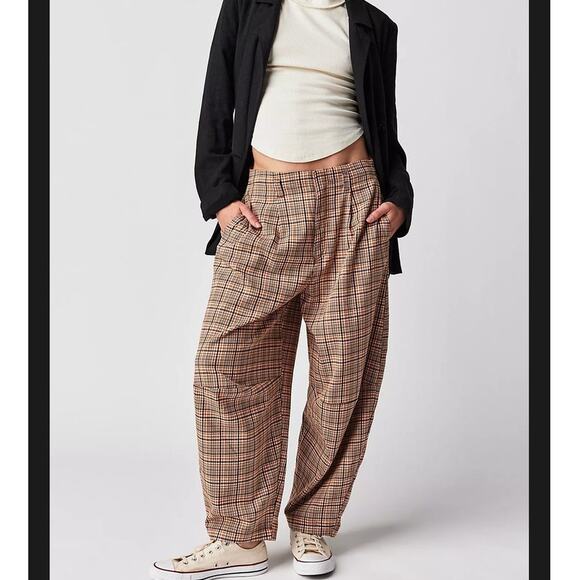 Free People Turning Point Barrel Leg Trousers Pants Neutral Combo Plaid Size 4 - Picture 14 of 14